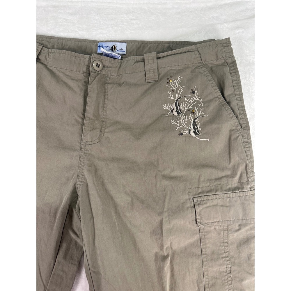 Guy Harvey Cargo Pants Size 10 Khaki Brown Fish Embroidered Beaded Womens